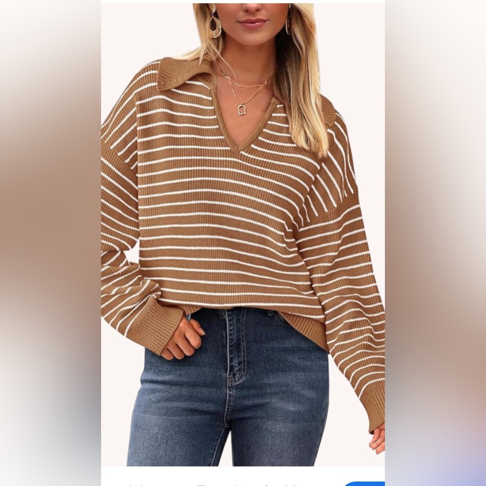 NWT Striped V-Neck Brown Sweater size large 🍁🌻🍂🍃BG 09